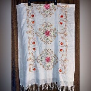 CHALINA White Embroidered Shawl/Scarf with sequin accents-New never used